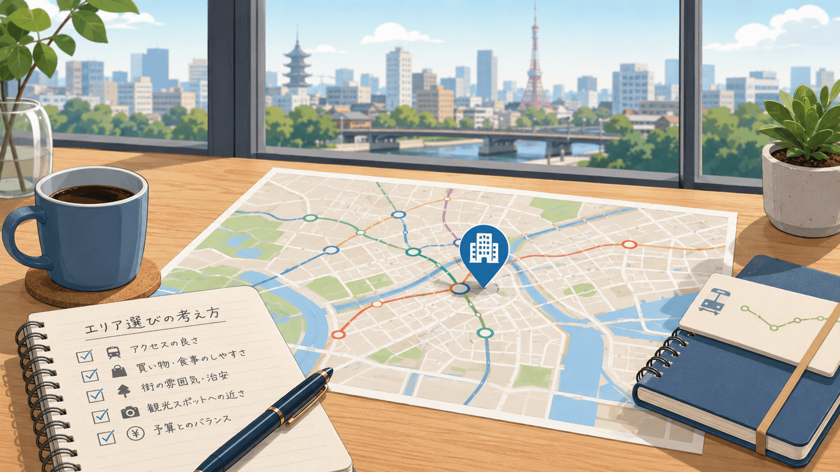 ホテル選びとエリア選びをイメージしたカードキーと都市の地図