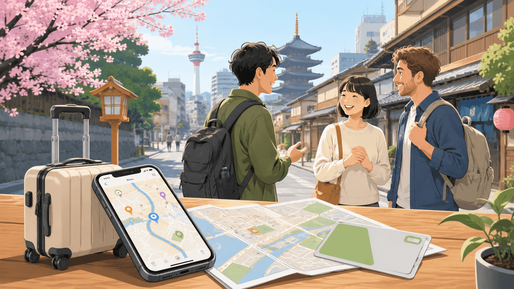 日本旅行中に交流先を確認するスマートフォンと街歩きの地図